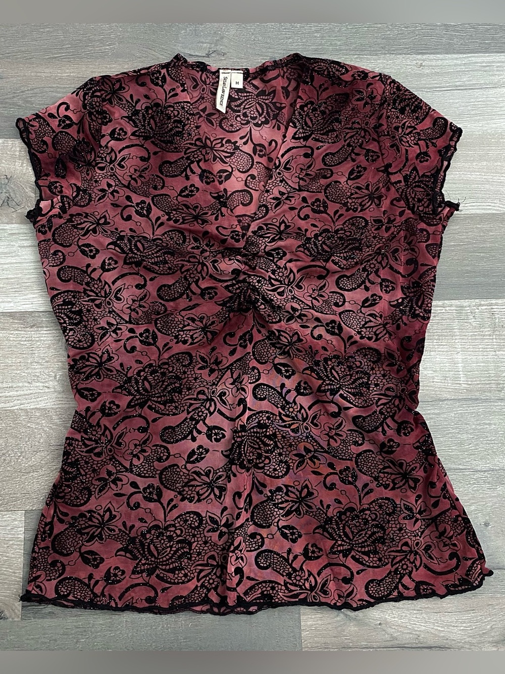 Vintage Y2K Whimsigoth Floral Velvet Mesh Glitter Top